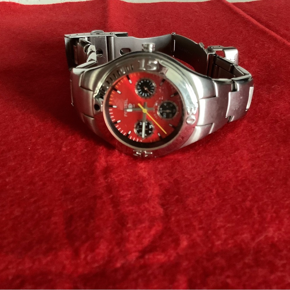 Fossil Silver and Red Chronograph Watch